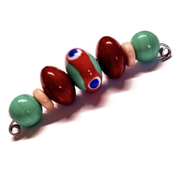 As Low As $2 Turquoise & Reds Handmade Lampwork Artisan Rondelle Beads (7) - Picture 1 of 2